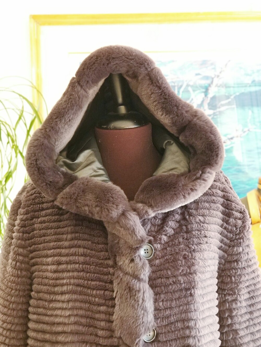 Reversible Rabbit Fur Coat With Hood in Gray - Picture 4 of 12